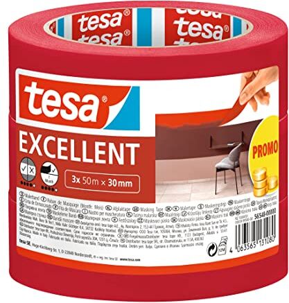 Tesa Nastro per Mascherature Excellent Nastro adesivo da pittura in carta sottile per lavori di verniciatura Per tutte le tinte, vernici e smalti Uso interno 50 m x 50 mm