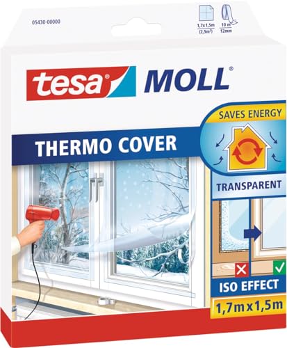 Tesa Moll Thermo Cover Window Pellicola Isolante per Finestre Isolante Termico Trasparente per le Finestre Include Nastro Biadesivo per Una Facile Installazione 1.7 m x 1.5 m