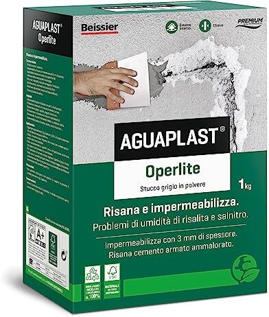 AGUAPLAST Operlite stucco risanante contro umidità e salnitro, 1kg Stucco, intonaco colore grigio chiaro