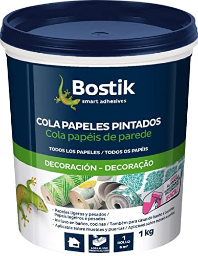 Bostik , Adesivo per tappezzeria, tutti i tipi di carta da parati, resistente all'umidità, pronto all'uso, per l'uso con rullo o pennello, colla carta da parati, rosa, barattolo da 1 kg