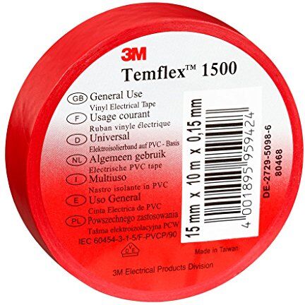 3M TROT1525 Temflex 1500 Nastro isolante elettrico in vinile, 15 mm x 25 m, 0,15 mm, colore: Rosso