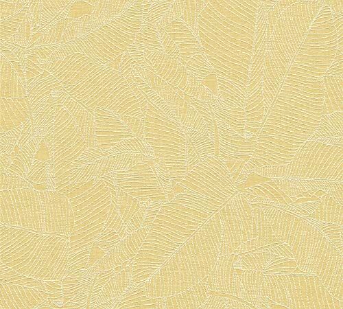 A.S. Création Carta da parati in tessuto non tessuto Linen Style con foglie, 10,05 m x 0,53 m, giallo e bianco, Made in Germany 366333