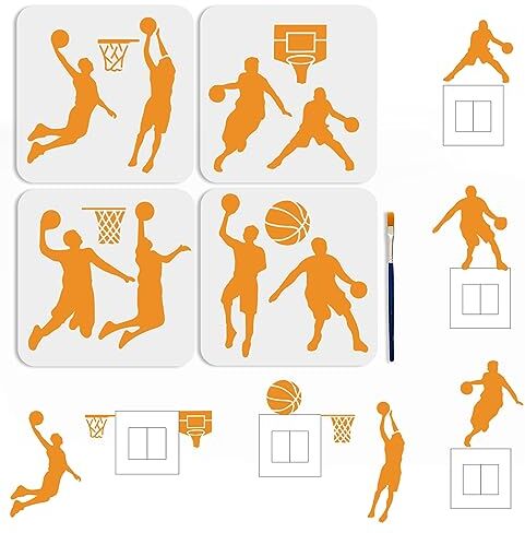 MAYJOYDIY 4 stencil a forma di giocatore di basket, 20 x 19 cm, con pennello, dribbling, tema basket, decorazione su pareti, tessuti, mobili