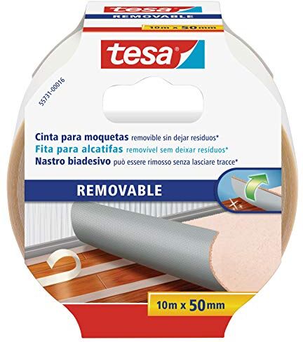 Tesa Rimozione Senza Residui Biadesivo per Moquette, Pavimenti in PVC-Nastro per Fissaggio Rinforzato in Tessuto, 10 m x 50mm