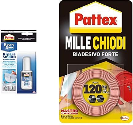 Pattex Bagno Sano Ripara Smalto, Smalto acrilico a base acqua per ritocchi di scheggiature con effetto vernice, Smalto bianco, 1x50ml & Millechiodi Tape, nastro biadesivo extra forte