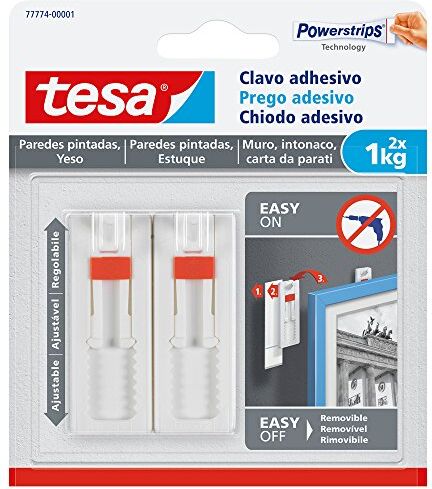 Tesa Chiodo Adesivo Regolabile da 1kg per Carta da Parati ed Intonaco, Bianco, Set di 2 Pezzi