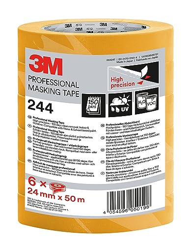 3M Nastro Adesivo di Mascheratura 244, Alta Precisione, 24 mm x 50 m, 6 Rotoli/Confezione Aualità Professionale