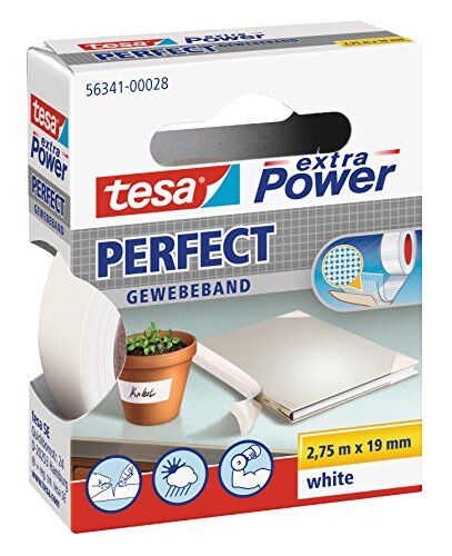 Tesa Extra Power Perfect, Biadesivo Rinforzato in Tessuto, Ottimo per Riparazione, Fissaggio, Etichettatura e Rinforzo, Bianco, 2,75 m x 19 mm