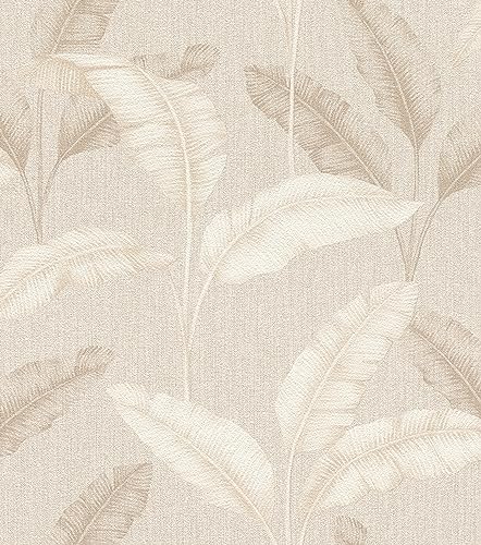 Rasch Carta da parati  Carta da parati con foglie di palma tropicali in beige con effetto lino, 10,05 m x 0,53 m (L x P)