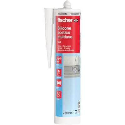 Fischer Silicone Acetico Multiuso SAM 280 Trasparente, Sigillante Antimuffa per Vetro, Alluminio, Smalto, Ceramica, Adatto per Bagno e Cucina, 9351 Fischer Silicone Acetico Multiuso SAM 280 Trasparente, Sigillante Antimuffa per Vetro, Alluminio, Smalto, Ceramica, Adatto per Bagno e Cucina, 9351