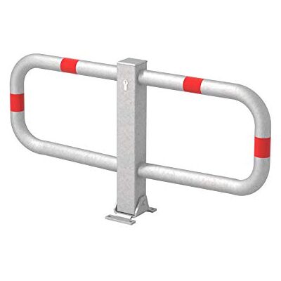 Alberts Barriera di parcheggio Stoppy I, disponibile in diverse versioni, da avvitare, pieghevole, zincata a fuoco, con anelli rossi, 450 x 950 mm Alberts Barriera di parcheggio Stoppy I, disponibile in diverse versioni, da avvitare, pieghevole, zincata a fuoco, con anelli rossi, 450 x 950 mm