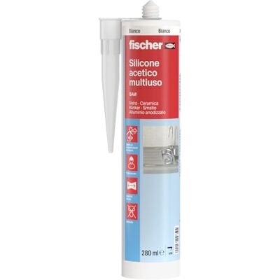Fischer Silicone Acetico Multiuso Bianco SAM 280 ml, Sigillante Antimuffa per Vetro, Alluminio, Smalto, Ceramica, Adatto per Bagno e Cucina, 9350 Fischer Silicone Acetico Multiuso Bianco SAM 280 ml, Sigillante Antimuffa per Vetro, Alluminio, Smalto, Ceramica, Adatto per Bagno e Cucina, 9350