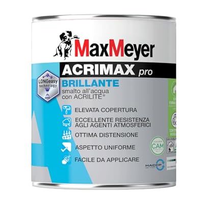 MAXMEYER Acrimax Pro, Smalto all'Acqua Brillante per Ferro e Legno, Interno ed Esterno, Bianco, 2,5 Litri MAXMEYER Acrimax Pro, Smalto all'Acqua Brillante per Ferro e Legno, Interno ed Esterno, Bianco, 2,5 Litri
