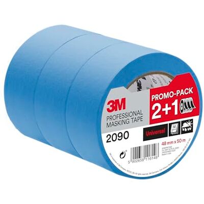 3M Professional Masking Tape 2090, Universal Surfaces, Promo Pack 2+1 Rolls (48 mm x 50 m) UV stable, Water Resistant, For Indoor & Outdoor Painting and Decorating 3M Professional Masking Tape 2090, Universal Surfaces, Promo Pack 2+1 Rolls (48 mm x 50 m) UV stable, Water Resistant, For Indoor & Outdoor Painting and Decorating