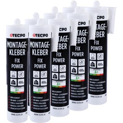 TECPO Colla di montaggio Fix Power, 8 x 480 g, universale per edilizia, 200 kg, 10 cm², per pannelli acustici, polistirolo, battiscopa, interni ed esterni, incollaggio rapido senza primer TECPO Colla di montaggio Fix Power, 8 x 480 g, universale per edilizia, 200 kg, 10 cm², per pannelli acustici, polistirolo, battiscopa, interni ed esterni, incollaggio rapido senza primer