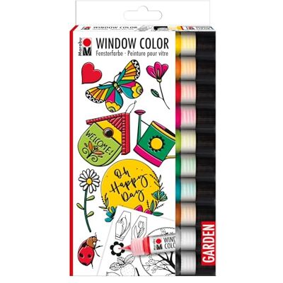 Marabu 04060000128 Window Color Garden, 10 x 25 ml di Vernice, sagoma A4 con 20 Motivi, Vernice a Base d'Acqua, Rimovibile su superfici Lisce Come Vetro, specchi, Piastrelle e Fogli di Alluminio Marabu 04060000128 Window Color Garden, 10 x 25 ml di Vernice, sagoma A4 con 20 Motivi, Vernice a Base d'Acqua, Rimovibile su superfici Lisce Come Vetro, specchi, Piastrelle e Fogli di Alluminio