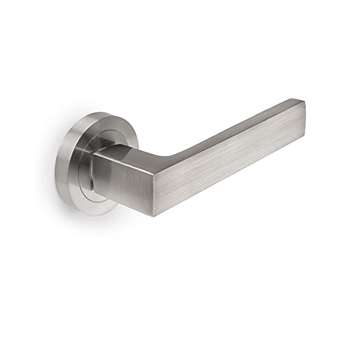 Emuca Maniglie porta interna, coppia di maniglie per porta da interno con rosetta D.50 mm, Alluminio, Nickel satinato.