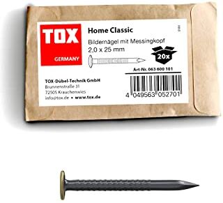 TOX chiodi per quadri Home Classic in acciaio temprato con testa in ottone, dimensioni 2,0 x 25 mm, chiodi in acciaio per quadri per quasi tutti i materiali da costruzione, 20 pezzi, 0