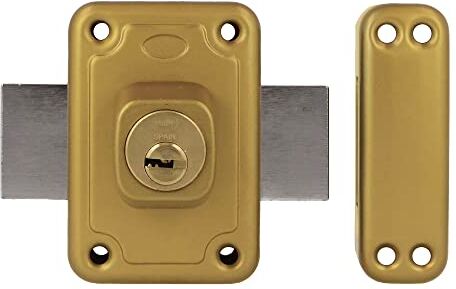 Amig Serratura da sovrapposizione con leva di chiusura per porte in legno Mod.    96 x 66 mm   chiavistello con cilindro interno di sicurezza su entrambi i lati   acciaio smaltato oro