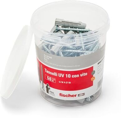 Fischer UV 10 S, Secchiello con 50 Tasselli con Vite, Misura 10 x50 mm, 50 Tasselli + 50 Viti, Idonei per Mattoni Pieni e Forati, 531368