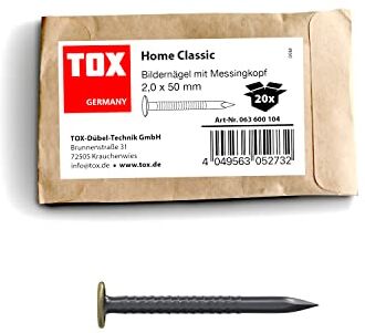 TOX chiodi per quadri Home Classic in acciaio temprato con testa in otton, dimensioni 2,0 x 50 mm, chiodi in acciaio per quadri per quasi tutti i materiali da costruzione, 20 pezzi, 0