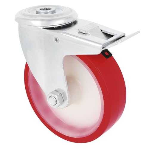 Amig Set 4 Ruote con Freno   Ø 100 mm   Ruote Girevoli con Foro   Peso Massimo 120 Kg   Per Spostare Mobili Pesanti   Cuscinetti a Rulli   Nucleo in Nylon Bianco   Poliuretano Rosso