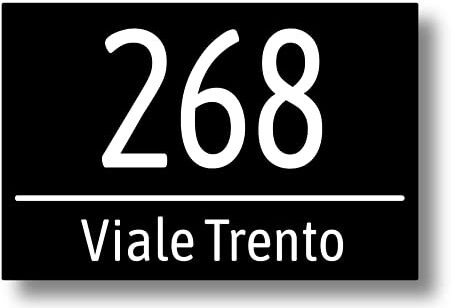 Generico Numero civico in laminato plastico spessore 3.2 mm Targa per esterno con incisione personalizzata Formato rettangolare in 3 misure a scelta (Testo Bianco Sfondo Nero)