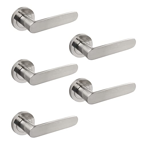 Emuca Maniglie porta interna, set di 5 coppie di maniglie per porta da interno con rosetta D.50 mm, Alluminio, Nickel satinato.