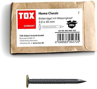 TOX chiodi per quadri Home Classic in acciaio temprato con testa in ottone, dimensioni 2,0 x 40 mm, chiodi in acciaio per quadri per quasi tutti i materiali da costruzione, 20 pezzi, 0