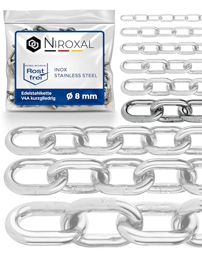 NietFullThings 3 pezzi 100-cm = 1-metri 8-mm di spessore catena in acciaio inossidabile inox V4A a maglia corta da  in un unico pezzo catena di ancoraggio DIN 5685 DIN 766 1-m