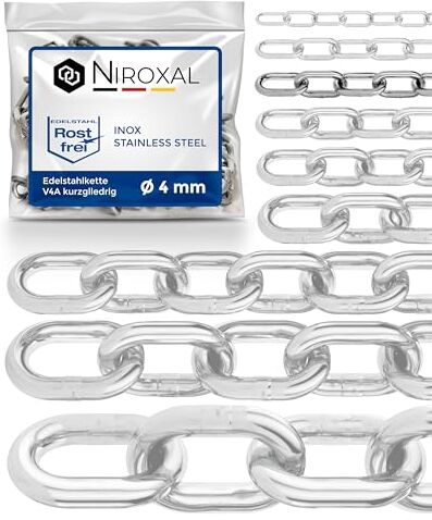 NietFullThings 6-metri 4-mm di spessore catena in acciaio inossidabile inox V4A a maglia corta da  in un unico pezzo catena di ancoraggio DIN 5685 DIN 766 6-m