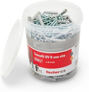 Fischer UV 6 S, Secchiello con 250 Tasselli con Vite , Misura 6 x 30 mm, 250 Tasselli + 250 Viti, Ideali per Mattoni Pieni e Forati, , Grigio