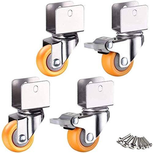 Generico Ruote Girevoli da 1 Pollice con Doppio Bloccaggio di Sicurezza,Ruote Piccole da 25Mm,Rotelle Girevoli Niture per Lettino,con Staffa a U,Portante 50Kg,4 Pezzi,Giallo,Freno+Universal