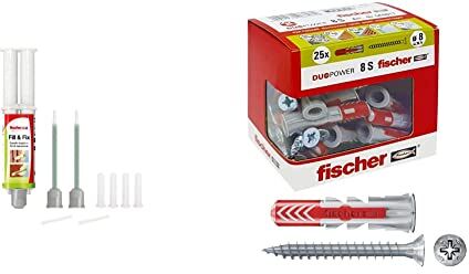 Fischer FILL & FIX Ripara fori Tasselli e Fissaggi su Muro e Legno, Siringa Colla di Montaggio, Include 4 Tasselli a Rete, 51098 & 25 Tasselli Duopower con Vite, 8 x 40 mm