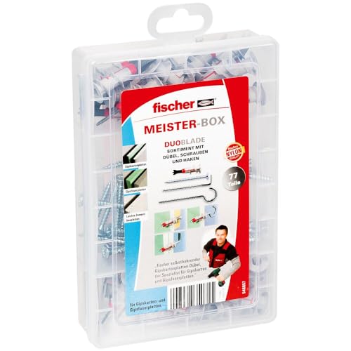 Fischer Meister-BOX Duoblade, pratica scatola con 77 tasselli Duoblade, viti e ganci, tasselli autoforanti in cartongesso, scatola per tasselli per fai da te e professionisti