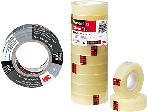 3M Nastro adesivo telato universale DT8, Argento, 48 mm x 23 m, 0.2 mm, confezionati singolarmente & Scotch Nastro Adesivo, Trasparente Acrilico, 15 mm x 33 m, Confezione Torretta da 10 Pezzi