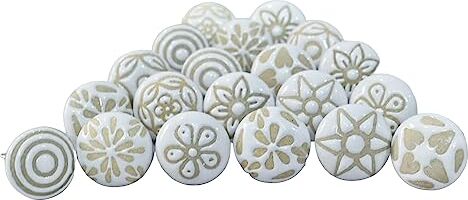 Ajuny , Set di 20 pomelli in ceramica fatti a mano, colore bianco, per cassettiere, credenza, armadietto bagno e cucina