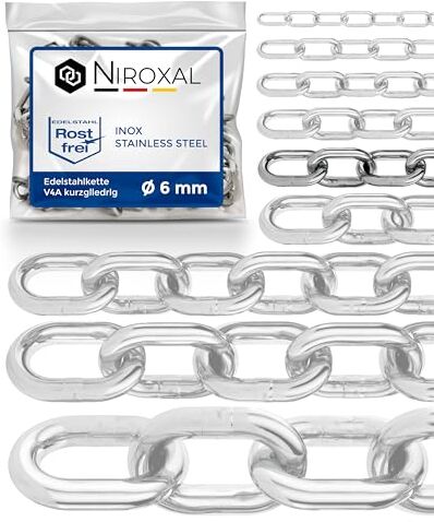 NietFullThings 200-cm = 2-metri 6-mm di spessore catena in acciaio inossidabile inox V4A a maglia corta da  in un unico pezzo catena di ancoraggio DIN 5685 DIN 766 2-m