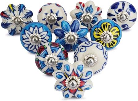 Ajuny , Set di 10 pomelli in legno fatti a mano, per ante, cassettiere, mobili da cucina, mobili da bagno, colore blu e bianco