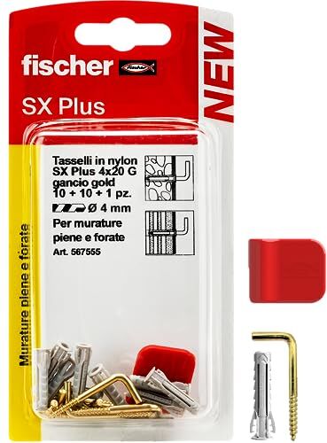 Fischer 10 Ganci Appendi Quadri Ottonati con Tassellini 4mm e Clip di Fissaggio, Installazione Pulita su Muro per Cornici Pesanti, 567555