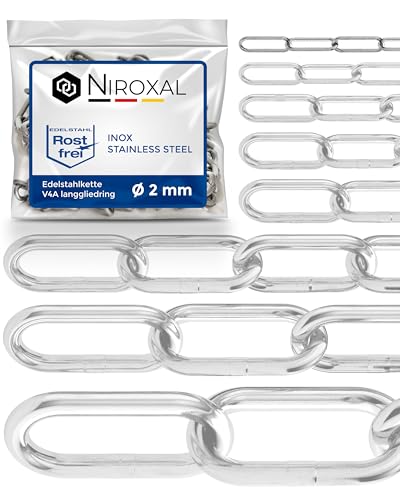 NietFullThings Catena a maglie lunghe in acciaio inox V4A, 9 metri, 2 mm di spessore, in acciaio inox, DIN 5685, DIN 763, 9 m