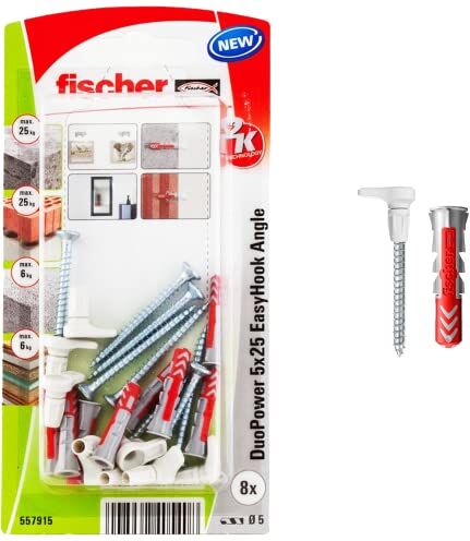 Fischer EasyHook Angle 5, set da 8 Ganci ad Angolo e 8 Tasselli DuoPower 5 x 25 mm, Montaggio Facile e Veloce Senza uso di Pinze su Muro, Cartongesso, Mattoni Forati, Cemento, Legno,