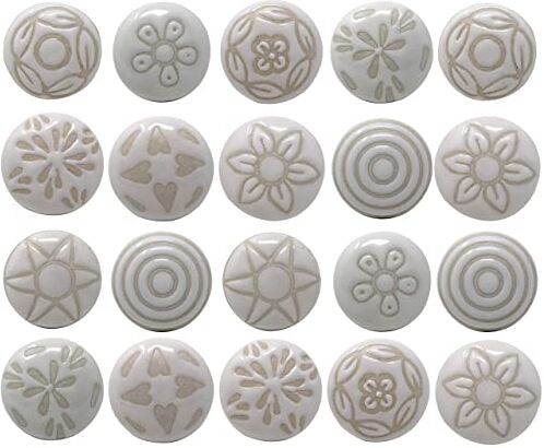 Ajuny , Set di 20 pomelli in ceramica per cassettiera, cassettiera, cucina, bagno, armadi, colore: bianco neve