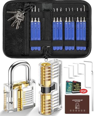 IPSXP Set Fabbro,  Grimaldelli da 25 Pezzi Lock Picking con 2 Trasparente Serratura Lucchetto con Borsa di Pelle, Pratica Aprire le Serrature Set per Principianti