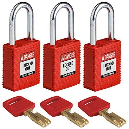 Brady Lucchetto Safekey in Nylon/Acciaio, 38mm x 84mm x 19mm, Rosso, Confezione da 3