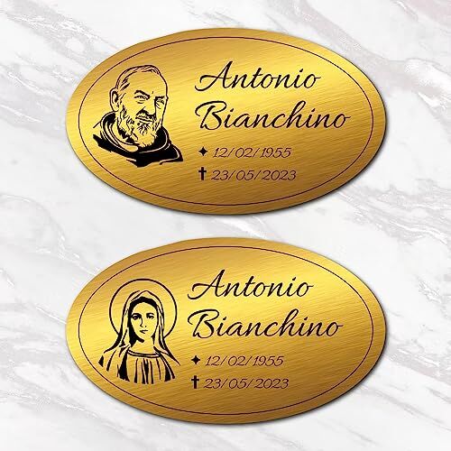 Generico Targhetta funeraria commemorativa per lapidi, loculi e bare in laminato plastico oro o argento, INCISA A LASER, varie misure disponibili, disegni e cornici. MADE IN ITALY