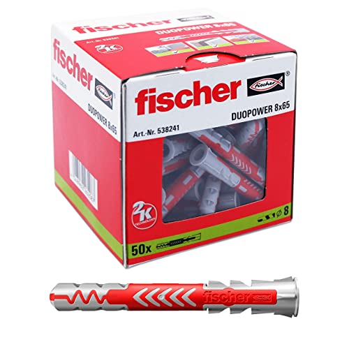 Fischer 50 Tasselli Lunghi Duopower 8 x 65 mm Universali, per il Fissaggio di Mensole, Pensili, Staffe Porta TV su Muro e Cartongesso,
