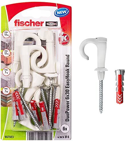 Fischer EasyHook Round 6, set da 6 Ganci Tondi e 6 Tasselli DuoPower 6 x 30 mm, Montaggio Facile e Veloce Senza uso di Pinze su Muro, Cartongesso, Mattoni Forati, Cemento, Legno, Soffitto,