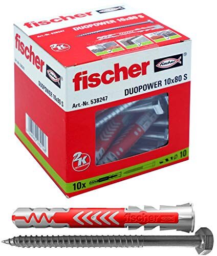 Fischer 10 Tasselli Lunghi Duopower con Vite 10 x 80 mm Universali, per il Fissaggio di Mensole, Pensili, Staffe Porta TV su Muro e Cartongesso,