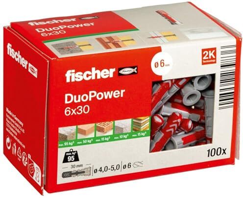 Fischer 55006 6 x 30 – Tasselli universali per Il Fissaggio di pensili, mensole da Parete in Cemento, muratura e Materiali da Costruzione a Pannelli e Molto Altro Ancora, Grau, 6x30, Set di 100 Pezzi